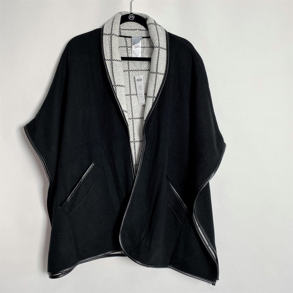 NWT CHICO'S BLACK WHITE DOUBLE KNIT SWEATER RUANA WRAP JACKET S/M L/XL - Picture 3 of 5